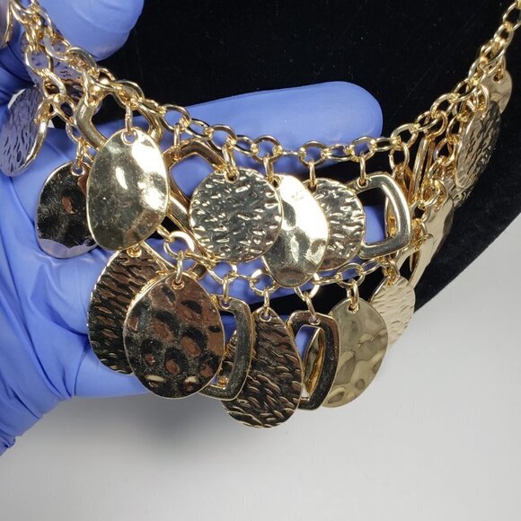 Polished Gold tone Layered Textured, Hammered Discs Hoops Charms Necklace - Picture 8 of 8